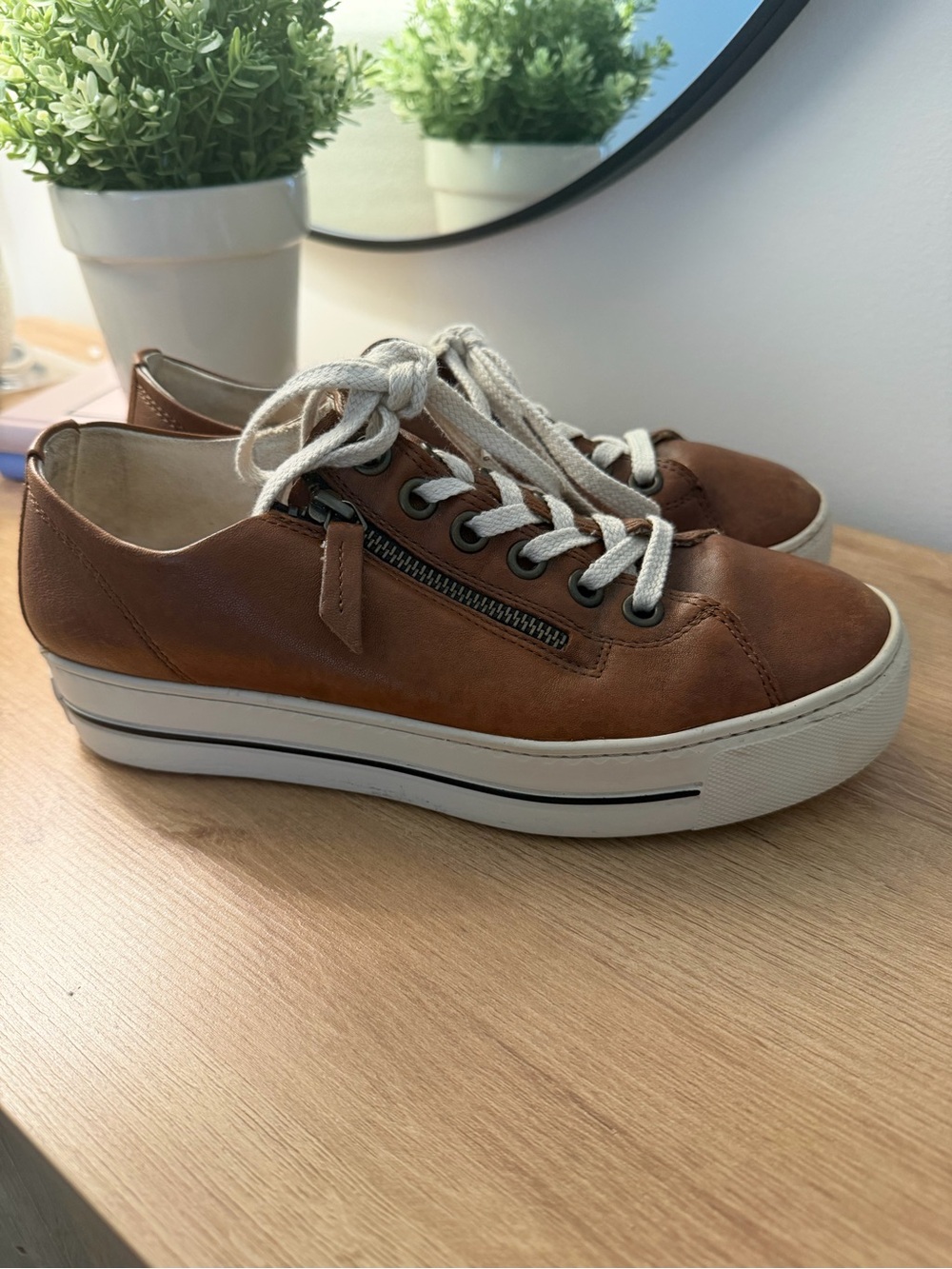 Paul Green Skylar Brown Leather Platform Sneakers with Side Zip